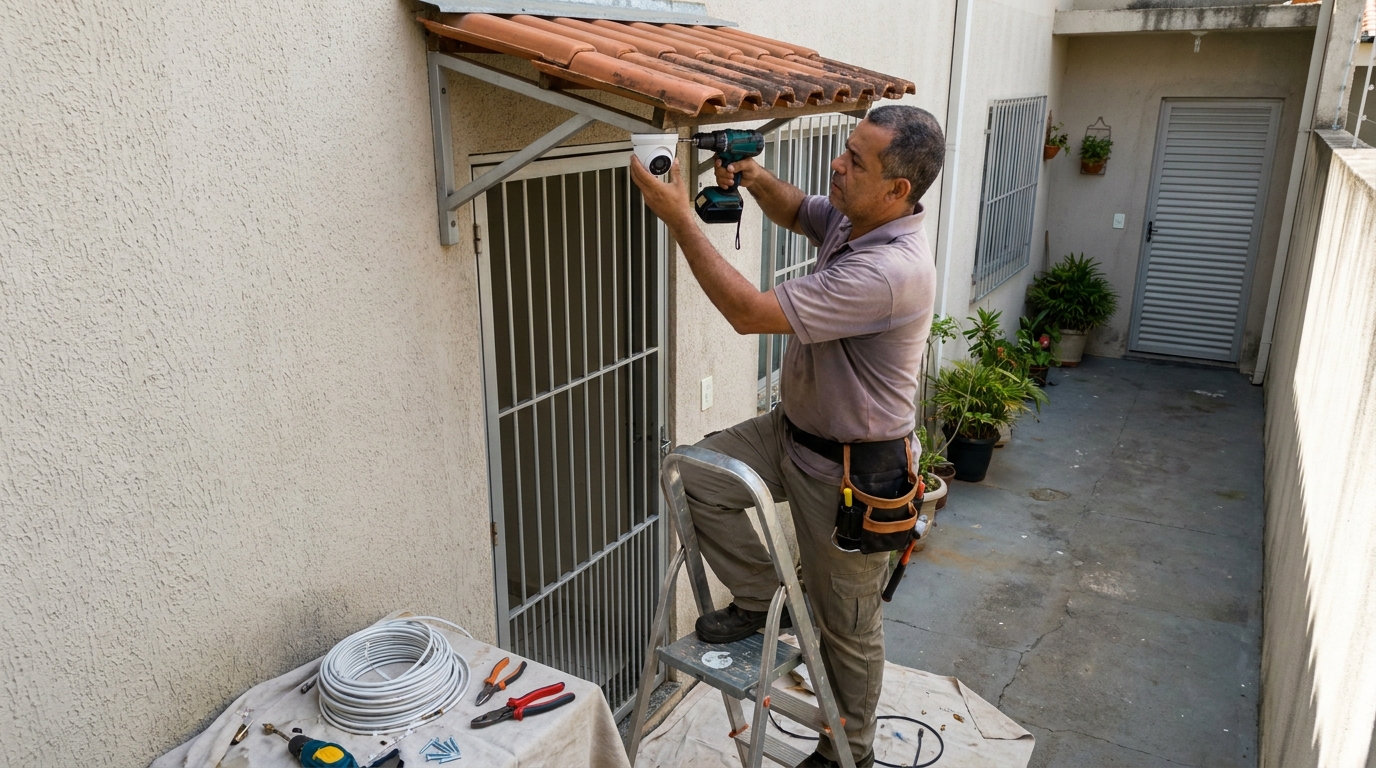 Eletricista instalando cameras de seguranca em Palhoça‑SC
