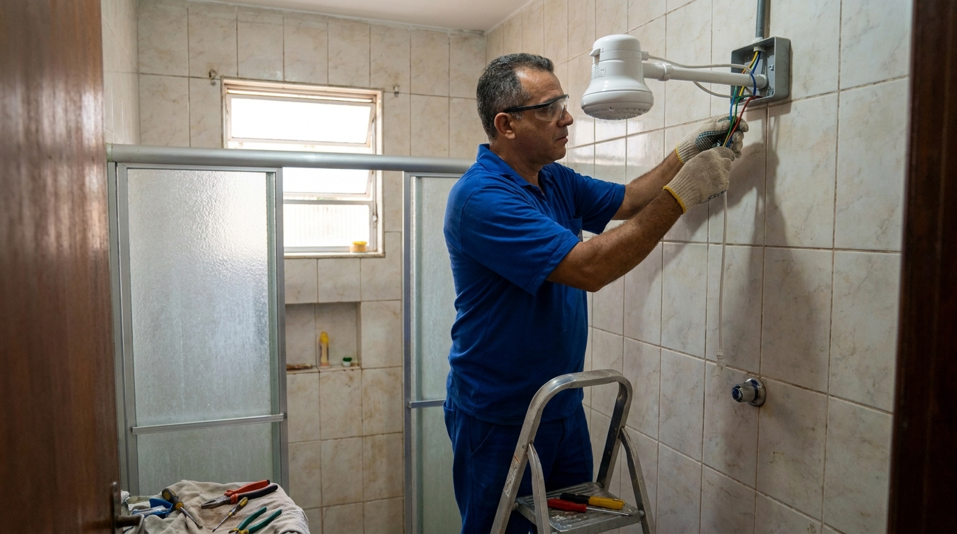 Eletricista instalando chuveiro eletrico em Palhoça‑SC