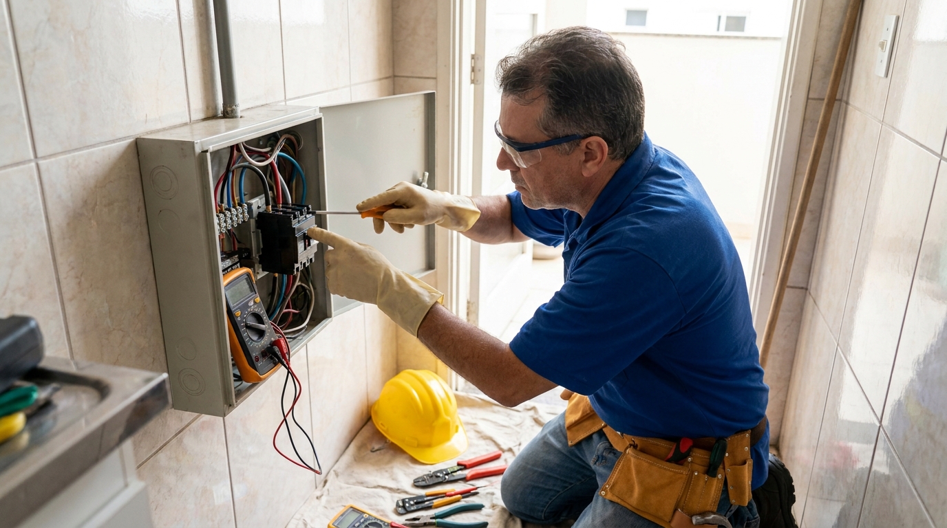 Eletricista instalando disjuntor em Palhoça‑SC