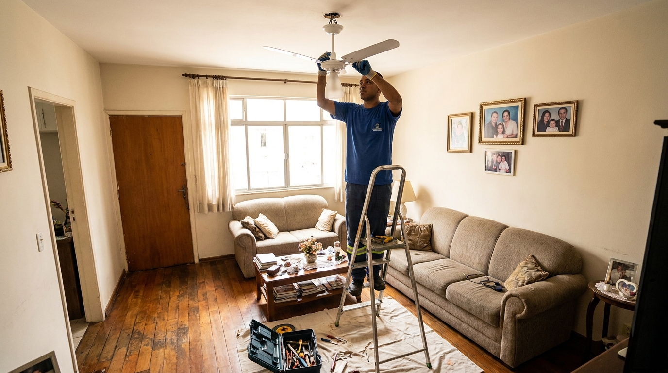 Eletricista instalando ventilador de teto em Palhoça‑SC